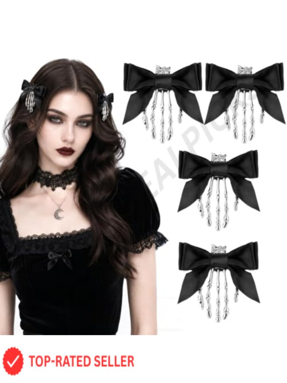 Gothic Skeleton Hand Bow Hair Clips 4 Pack Mini Metal
